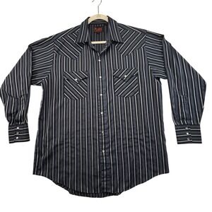 Plains Western Wear Mens L Pearl Snap Shirt Blue Stripe Long Sleeve Cowboy Rodeo